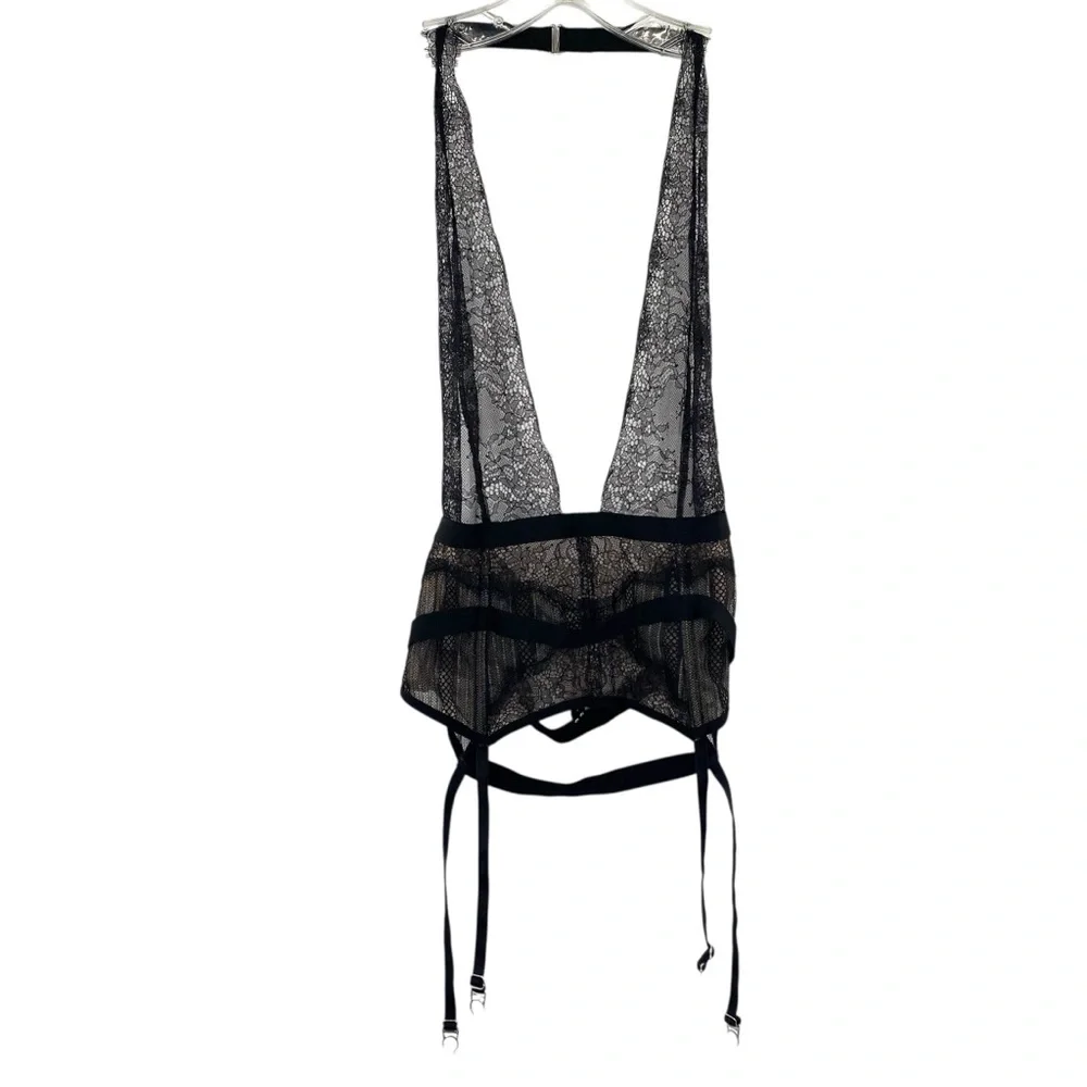 Victoria’s Secret Black Lace Halter Corset Chemise With Garter Belt Lingerie